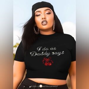 Black Short Sleeve Tee with Rhinestone 'I Do As Daddy Says' and Cherry Accent